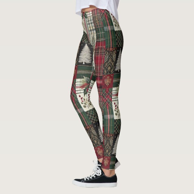 Christmas Rustic Plaid Traditional Green Pattern Leggings (Left)