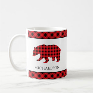 Christmas Rustic Red Buffalo Plaid Bear Silhouette Coffee Mug
