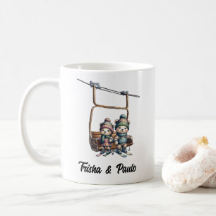 Christmas Rustic Ski Lift Teddy Bear Art Red Green Coffee Mug