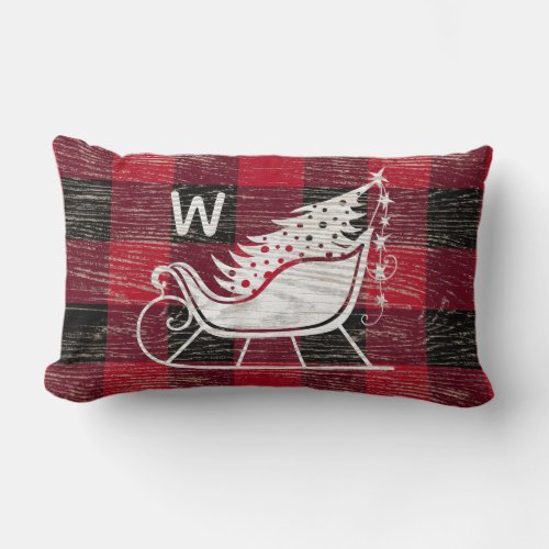 Christmas Rustic Sleigh Red Black Buffalo Plaid Lumbar Pillow