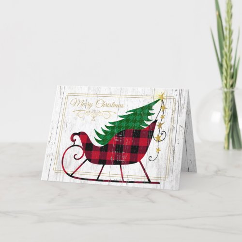 Christmas Rustic Sleigh Red Buffalo Plaid Holiday Card