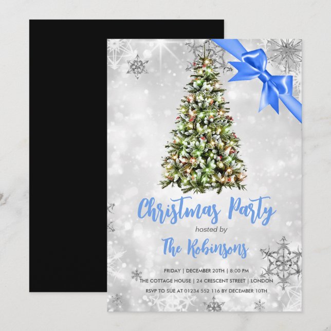 Christmas | Rustic Tree & Blue Ribbon Holiday Glam Invitation (Front/Back)