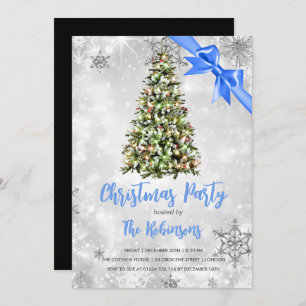 Christmas Rustic Tree & Blue Ribbon Holiday Glam Invitation