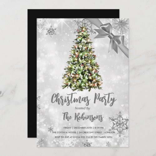 Christmas Rustic Tree  Silver Ribbon Holiday Glam Invitation