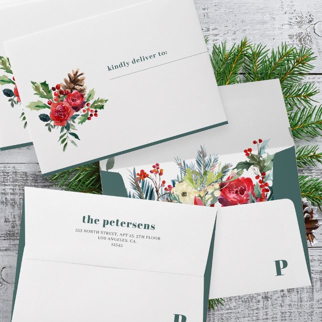 Christmas rustic watercolor floral family monogram envelope (Creator Uploaded)