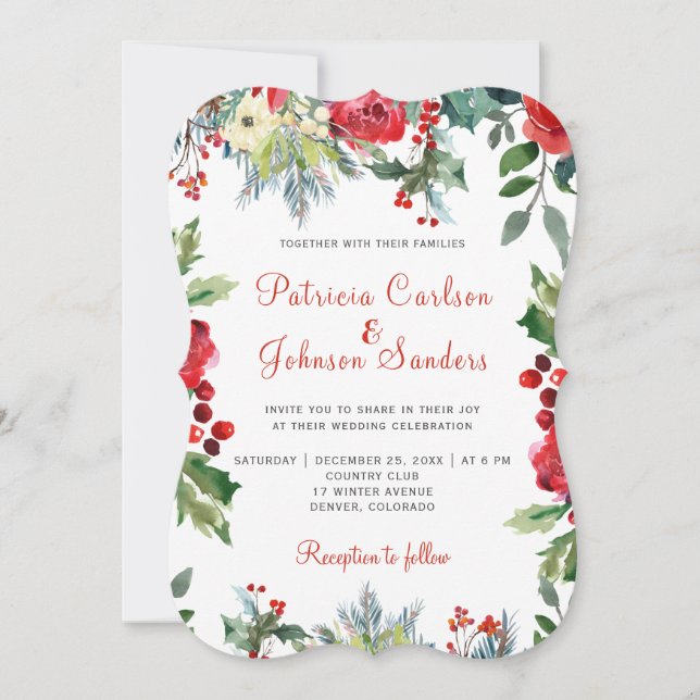 Christmas rustic watercolor floral red wedding invitation (Front)