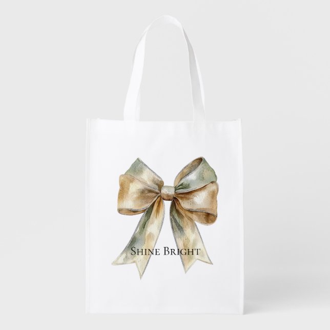 Christmas Rustic White Green Gold Bow Personalized Grocery Bag (Front)