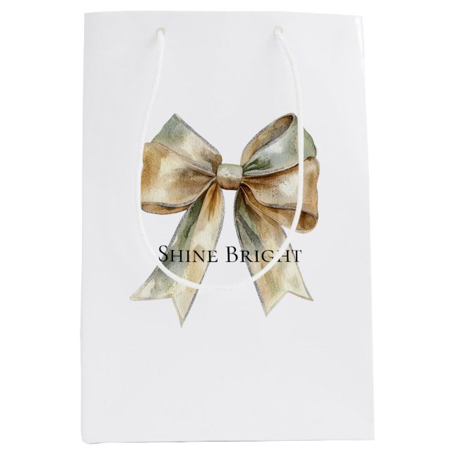 Christmas Rustic White Green Gold Bow Personalized Medium Gift Bag (Front)