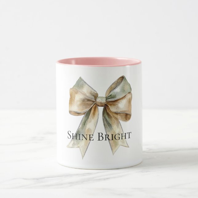 Christmas Rustic White Green Gold Bow Personalized Mug (Center)