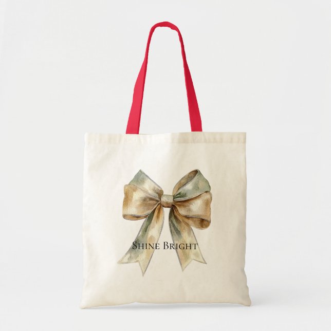 Christmas Rustic White Green Gold Bow Personalized Tote Bag (Front)