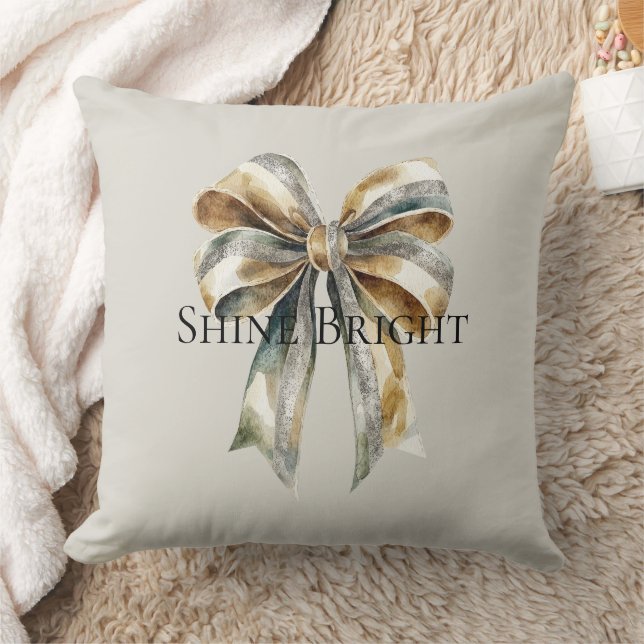 Christmas Rustic White Green Gold Bow  Throw Pillow (Blanket)