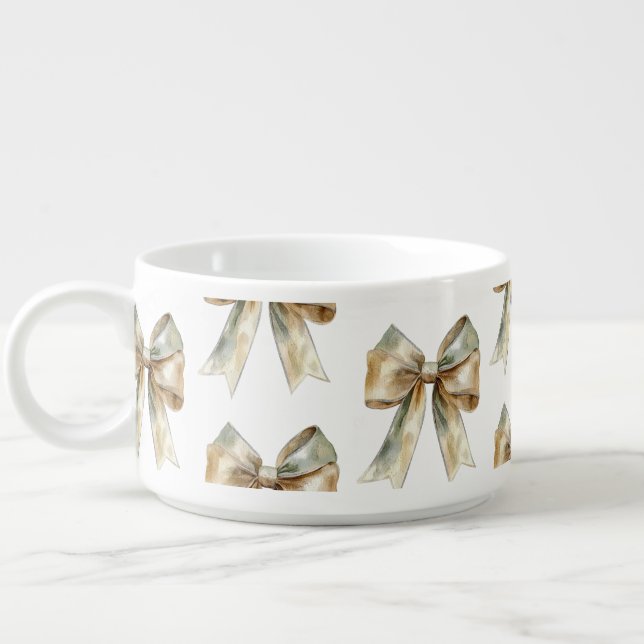 Christmas Rustic White Green Gold Bows  Bowl (Right)