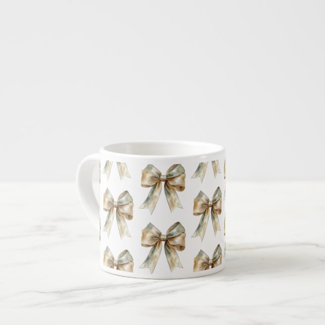 Christmas Rustic White Green Gold Bows  Espresso Cup (Front Left)