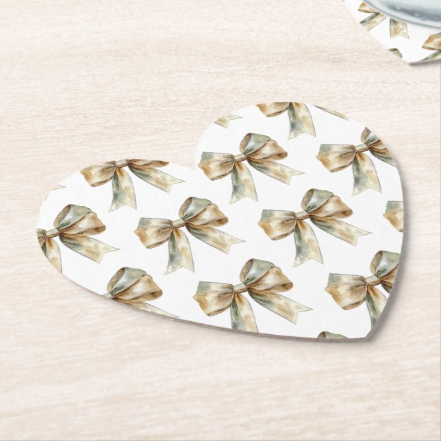 Christmas Rustic White Green Gold Bows  Paper Coaster (Angled)