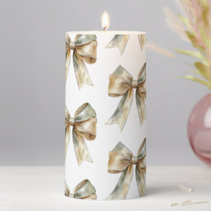 Christmas Rustic White Green Gold Bows Pillar Candle