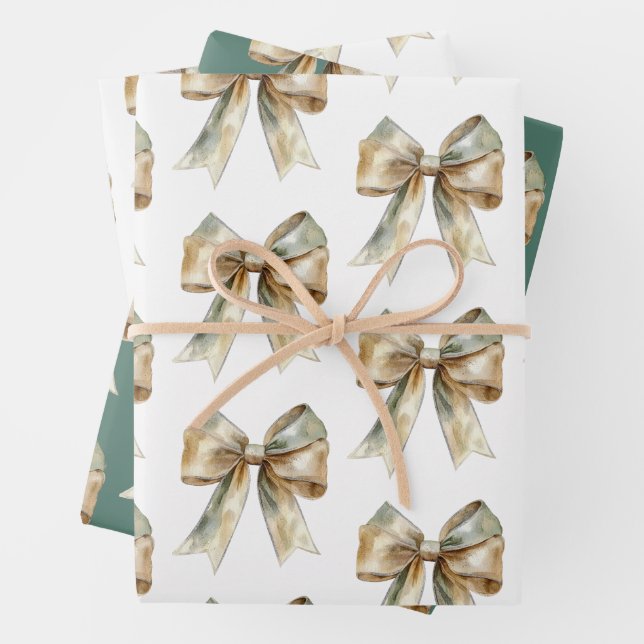 Christmas Rustic White Green Gold Bows  Wrapping Paper Sheets (In situ)