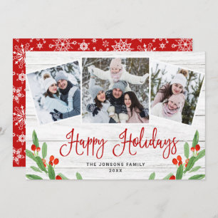 Christmas Rustic White Wood 3 PHOTO Greeting Holiday Card