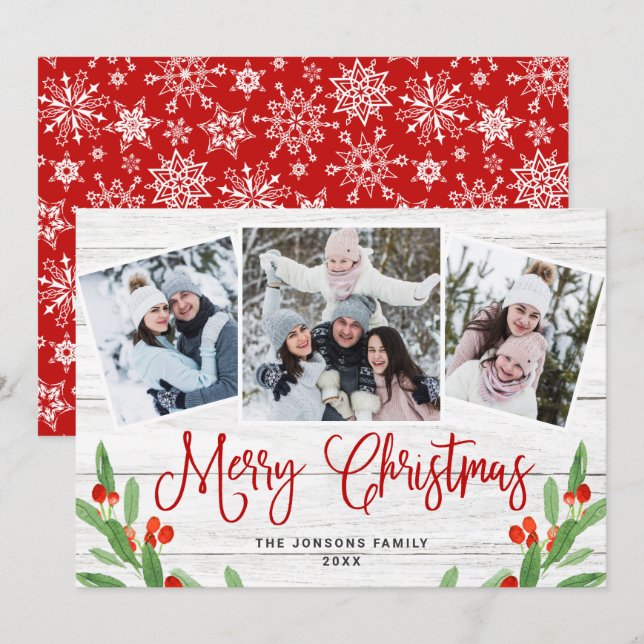 Christmas Rustic White Wood 3 PHOTO Greeting Holiday Card (Front/Back)