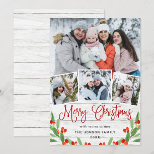 Christmas Rustic White Wood 4 PHOTO Greeting Holid Holiday Card