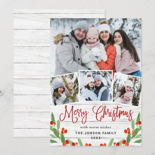 Christmas Rustic White Wood 4 PHOTO Greeting Holid Holiday Card (Front/Back)