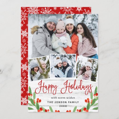Christmas Rustic White Wood 4 PHOTO Greeting Holiday Card