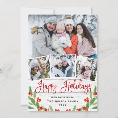 Christmas Rustic White Wood 4 PHOTO Greeting Holiday Card