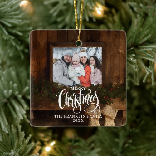 Christmas Rustic Winter Fireplace Photo Ceramic Ornament