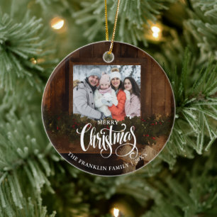 Christmas Rustic Winter Fireplace Photo Ceramic Ornament