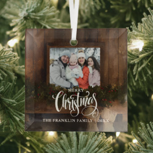Christmas Rustic Winter Fireplace Photo Glass Ornament
