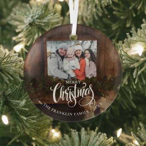 Christmas Rustic Winter Fireplace Photo Glass Ornament