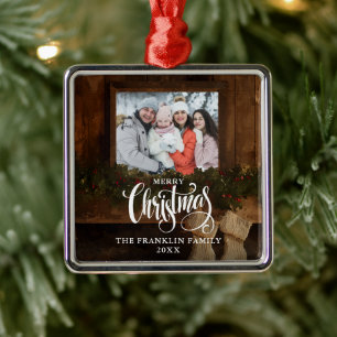 Christmas Rustic Winter Fireplace Photo Metal Ornament