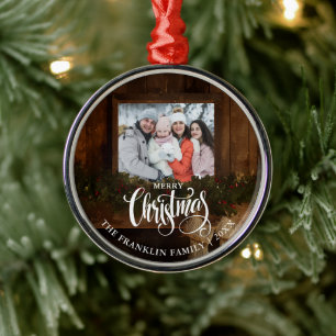 Christmas Rustic Winter Fireplace Photo Metal Ornament