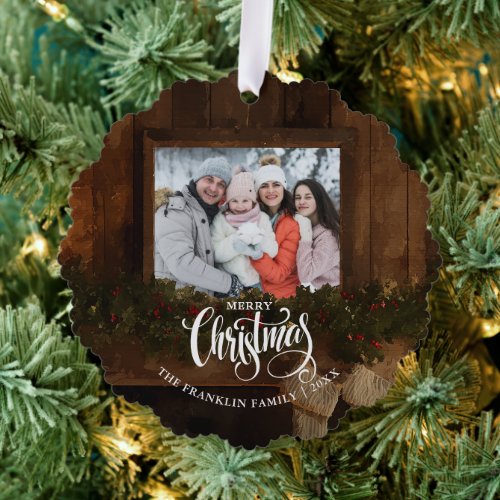 Christmas Rustic Winter Fireplace Photo Ornament Card