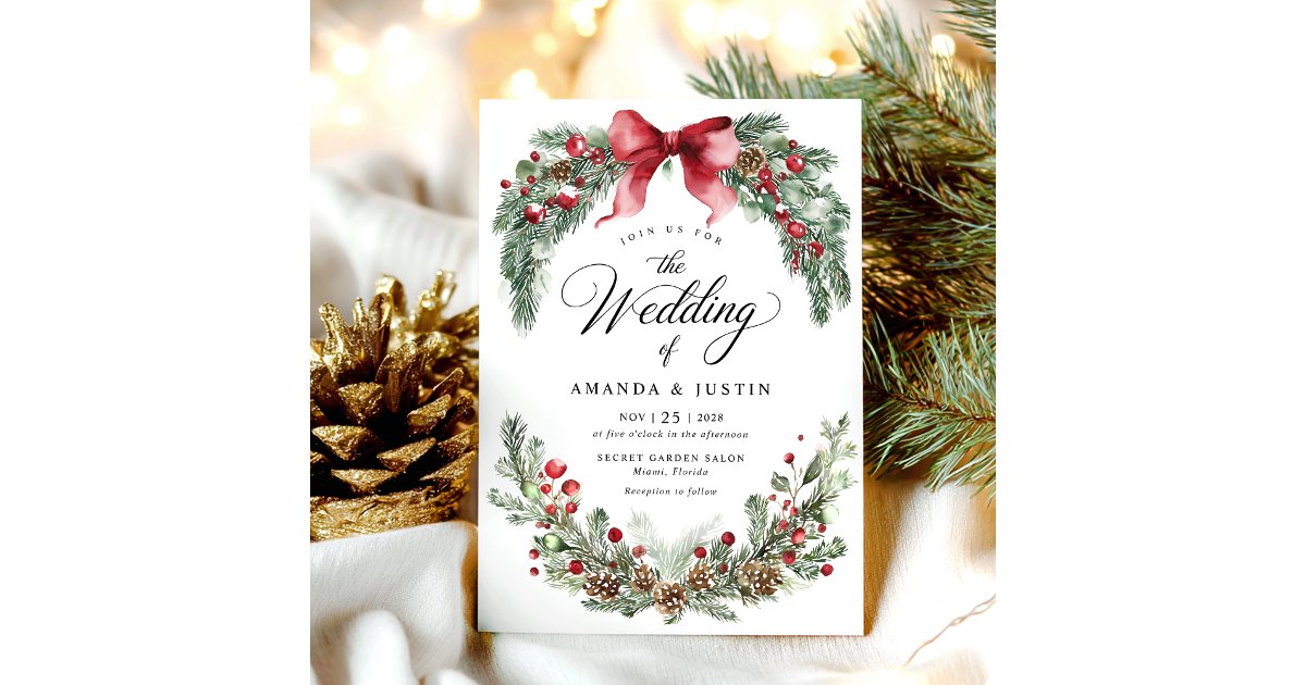 Christmas Rustic Winter Greenery Wedding Invitation | Zazzle