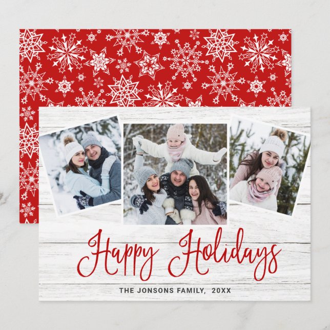 Christmas Rustic Wood 3 PHOTO Greeting Holiday Card (Front/Back)