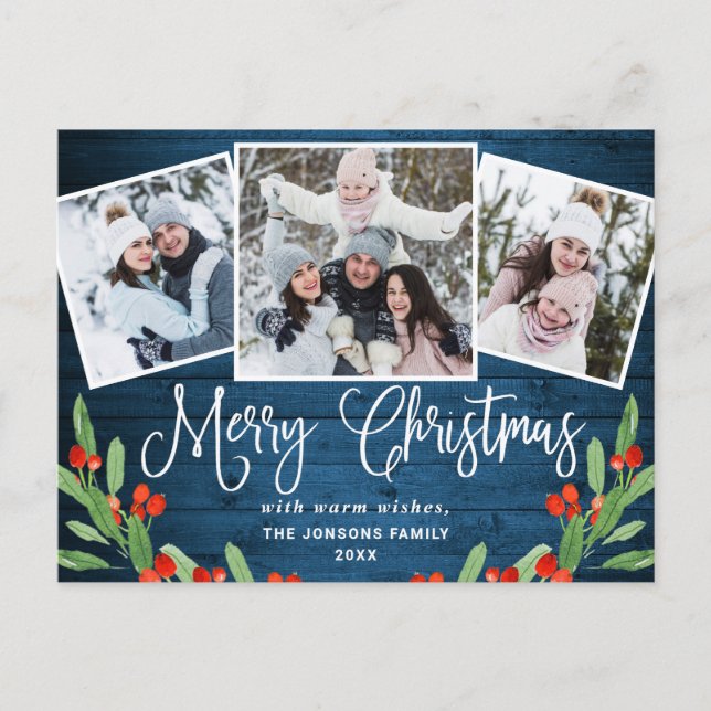 Christmas Rustic Wood 3 PHOTO Greeting Holiday Postcard (Front)