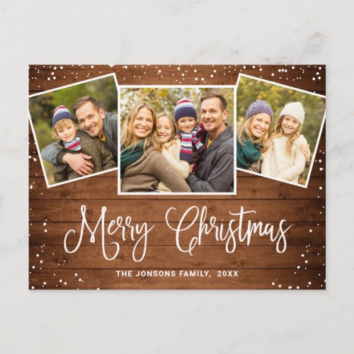 Christmas Rustic Wood 3 PHOTO Greeting Holiday Postcard