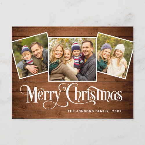 Christmas Rustic Wood 3 PHOTO Greeting Holiday Postcard