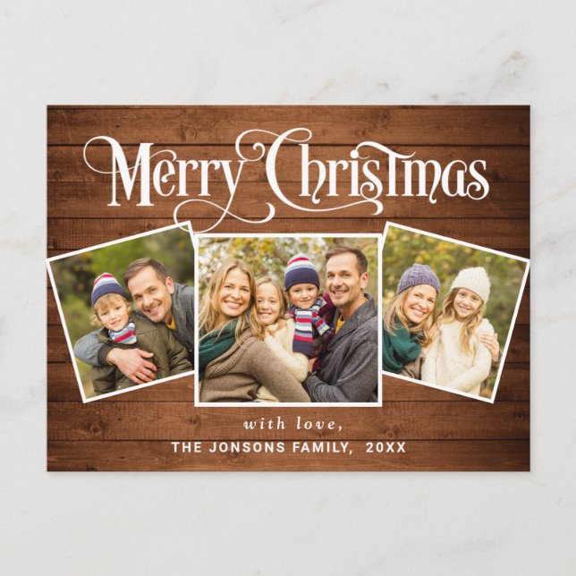 Christmas Rustic Wood 3 PHOTO Greeting Holiday Postcard (Front)