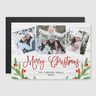 Christmas Rustic Wood 3 PHOTO Magnetic Card