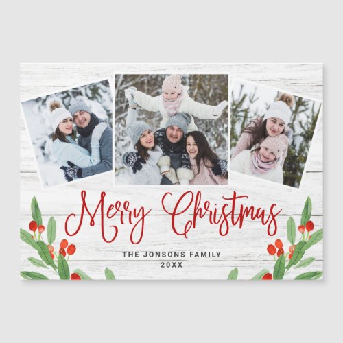 Christmas Rustic Wood 3 PHOTO Magnetic Card