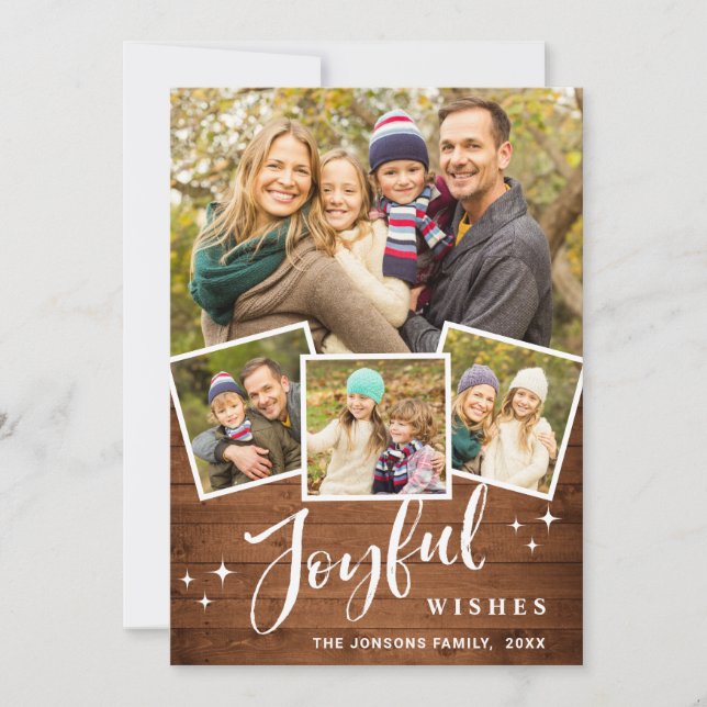 Christmas Rustic Wood 4 PHOTO Greeting Boho Holiday Card (Front)