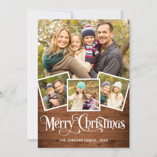 Christmas Rustic Wood 4 PHOTO Greeting Holiday Card