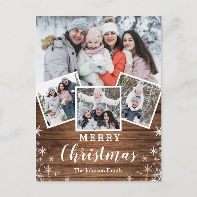 Christmas Rustic Wood 4 PHOTO Greeting Holiday Pos Postcard (Front)