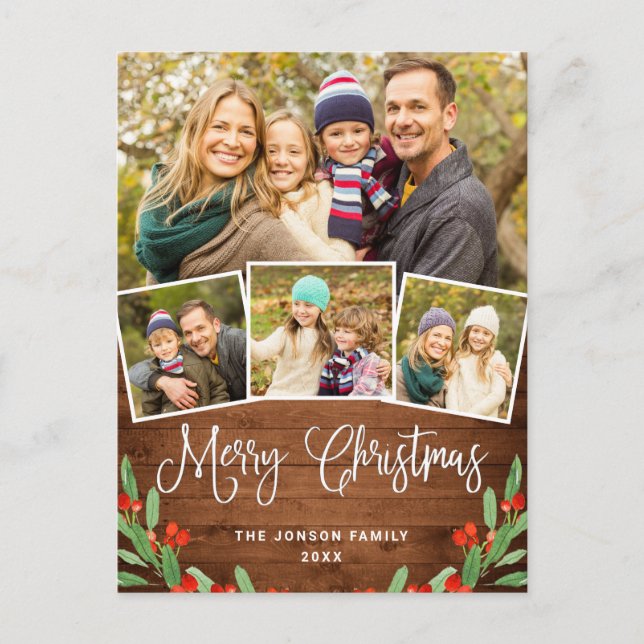 Christmas Rustic Wood 4 PHOTO Greeting Holiday Postcard (Front)