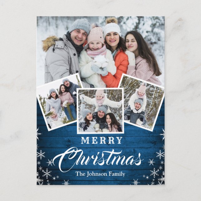 Christmas Rustic Wood 4 PHOTO Greeting Holiday Postcard (Front)