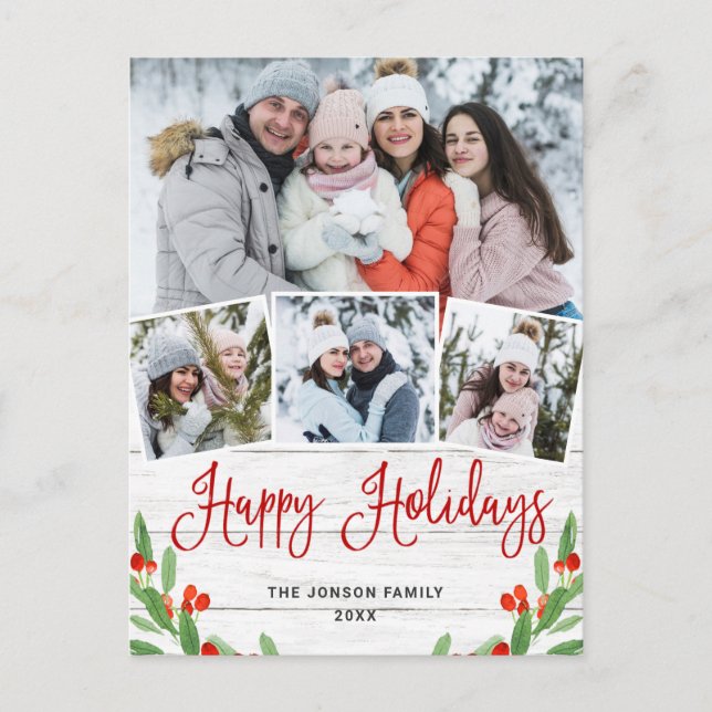 Christmas Rustic Wood 4 PHOTO Greeting Holiday Postcard (Front)