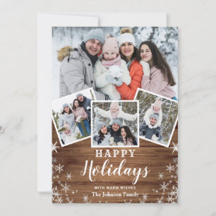 Christmas Rustic Wood 4 PHOTO Greeting QR code Holiday Card