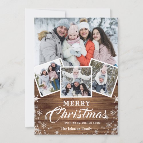 Christmas Rustic Wood 4 PHOTO Greeting QR code Holiday Card