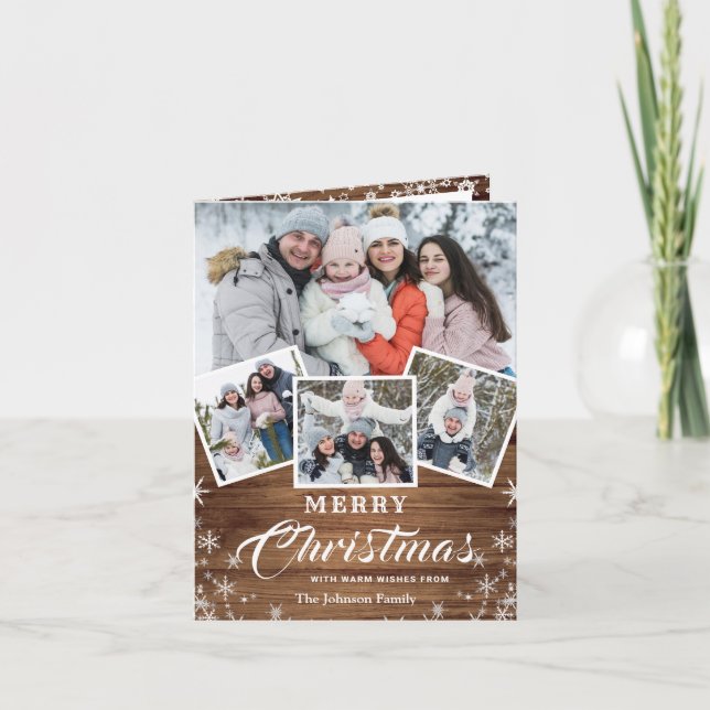 Christmas Rustic Wood 5 PHOTO Greeting Holiday Card (Front)